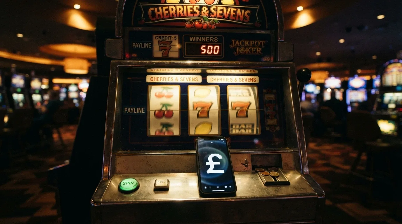 Stylizovaný hrací automat s mobilem položeným vedle něj — kontrast pohodlí a nákladů na jedné fotografii