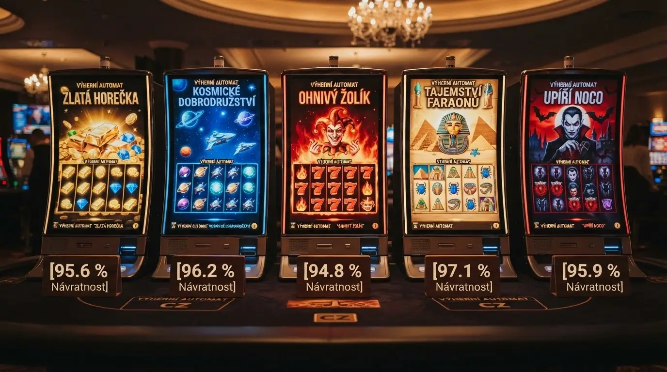 Pět automatů vedle sebe (Book of Dead, Starburst, Fire Joker, Legacy of Dead, Blood Suckers), u každého procento RTP