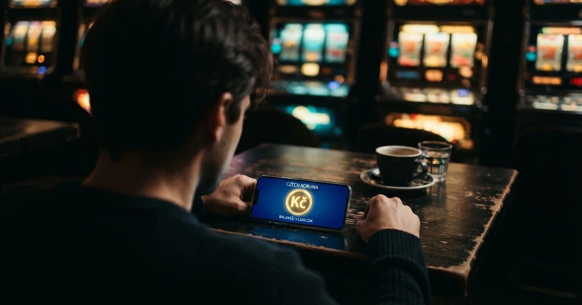 Hráč u mobilu si prohlíží casino bonus na obrazovce, v pozadí roztočené válce automatu