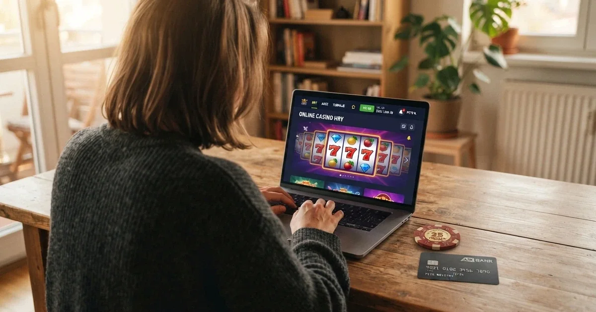 Hráč u notebooku, na obrazovce rozhraní online casina s českou licencí, vedle leží občanský průkaz a platební karta — symbol ověření identity a bezpečné platby
