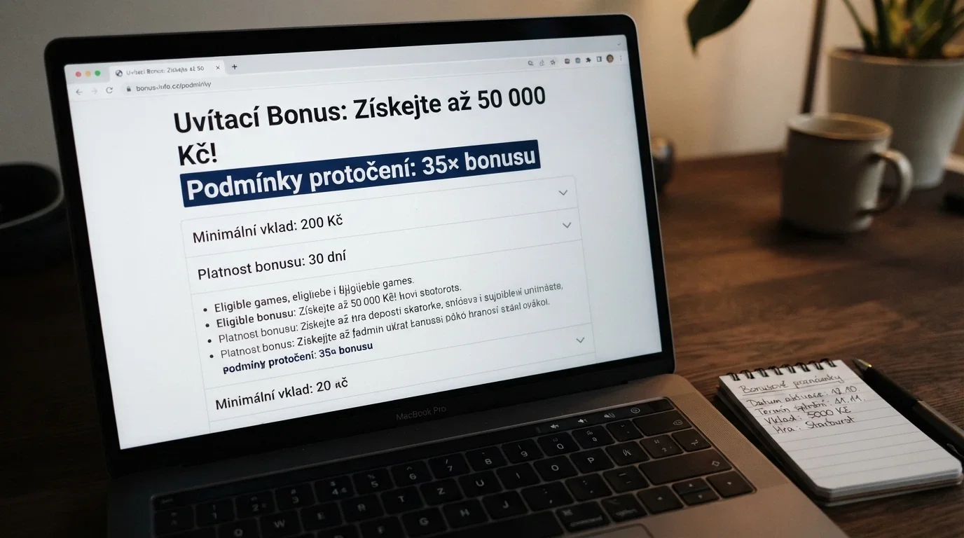 Detailní záběr na podmínky uvítacího bonusu — tučně zvýrazněný wagering 35x a datum platnosti vedle lákavé cifry 50 000 Kč