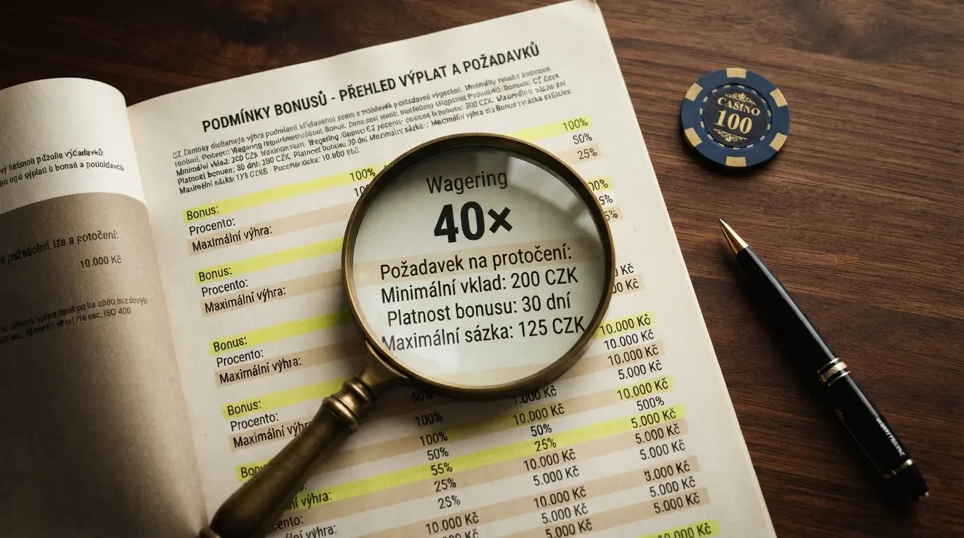 Detail bonusových podmínek s lupou — zvýrazněné řádky o wageringu a časových limitech