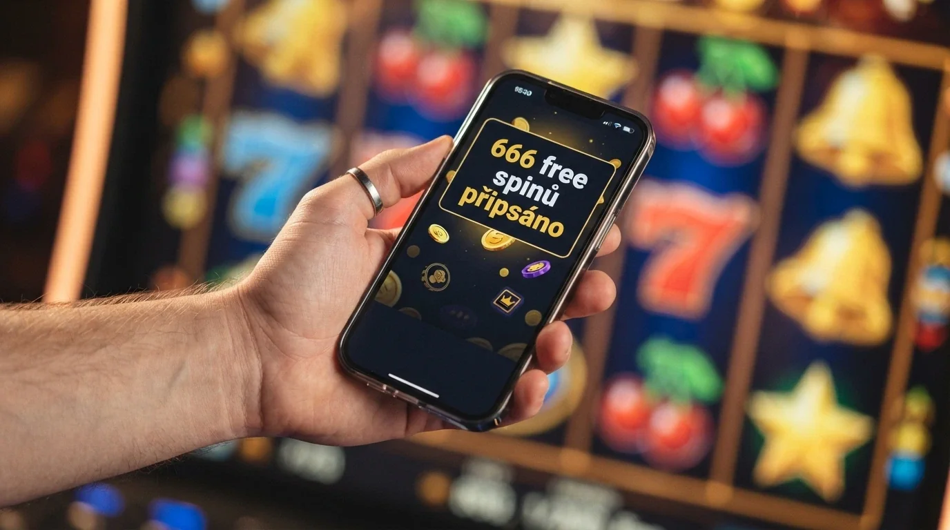 Ruka držící mobil s notifikací „666 free spinů připsáno“ na pozadí barevných slotových symbolů