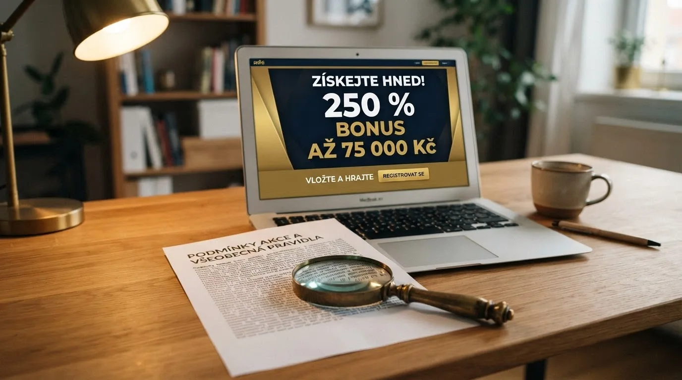Propagační banner „250 % až 75 000 Kč“ s lupou zvětšující drobné písmo podmínek — wagering 35×, platnost, minimální vklad