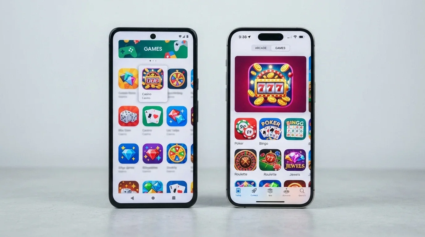 Dvojice telefonů vedle sebe – Android s Google Play a iPhone s App Store, na obou ikona casino aplikace