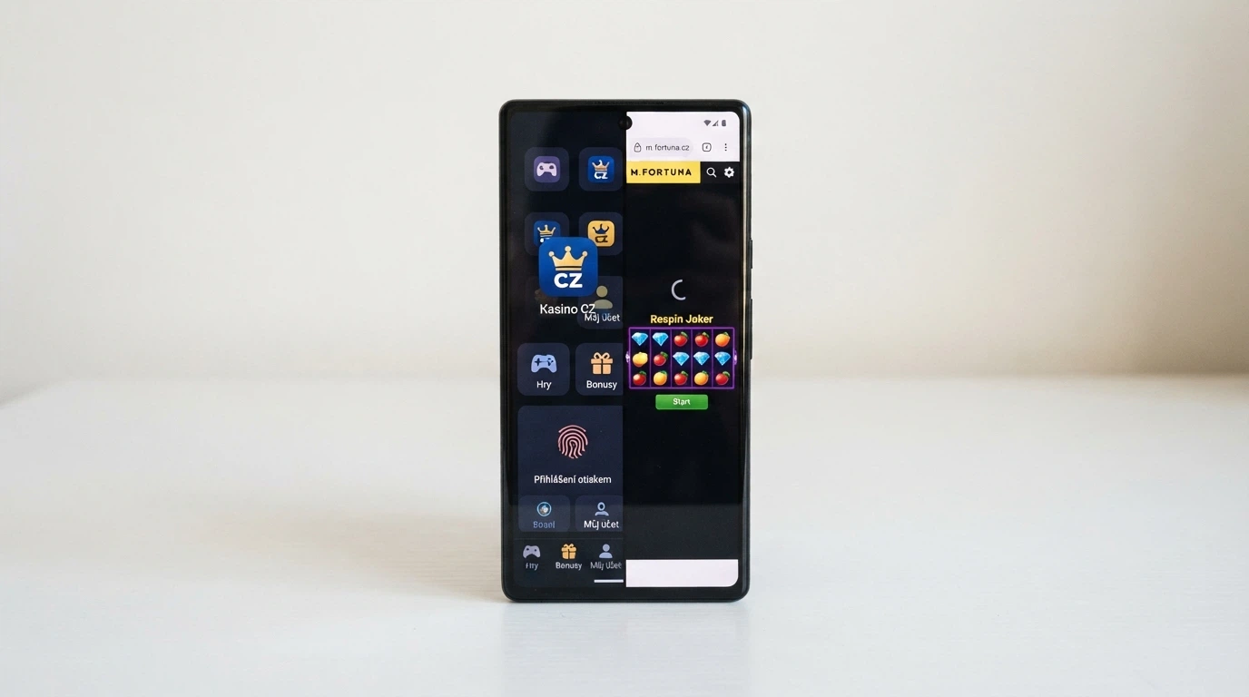 Srovnání nativní casino aplikace a mobilního prohlížeče vedle sebe na telefonu