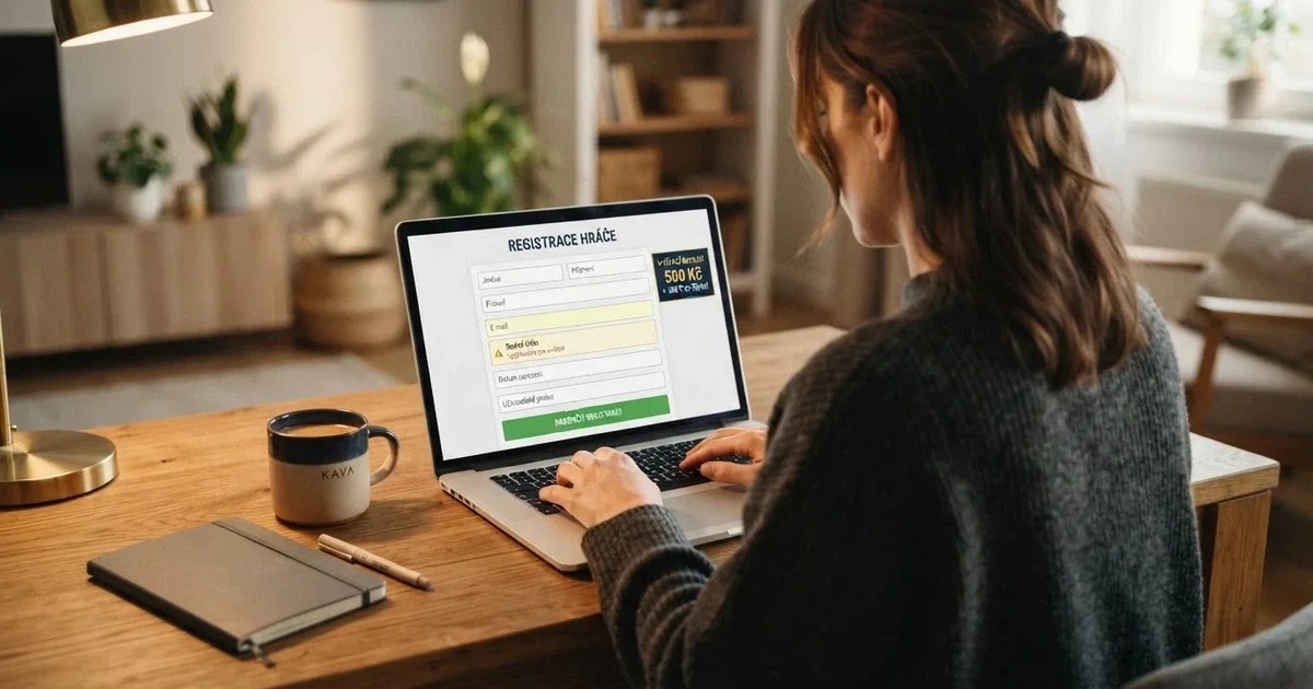 Hráč u notebooku, na obrazovce formulář registrace online casina s viditelným polem pro ověření totožnosti