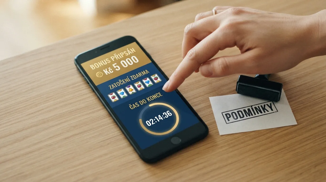 Detail welcome bonusu — zvýrazněné částky, počet otoček a lhůta pro protočení, vedle razítko s nápisem „podmínky“