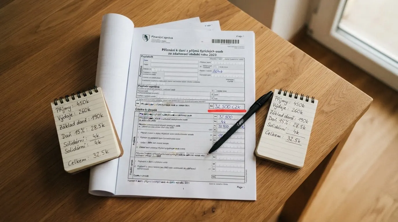 Daňové přiznání na stole s kalkulačkou a výpisem z casina, červeně podtržená částka 50 000 Kč