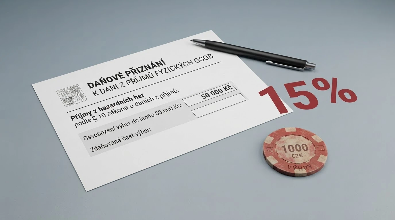 Daňový formulář a symbol 15% sazby vedle výpisu z online kasina