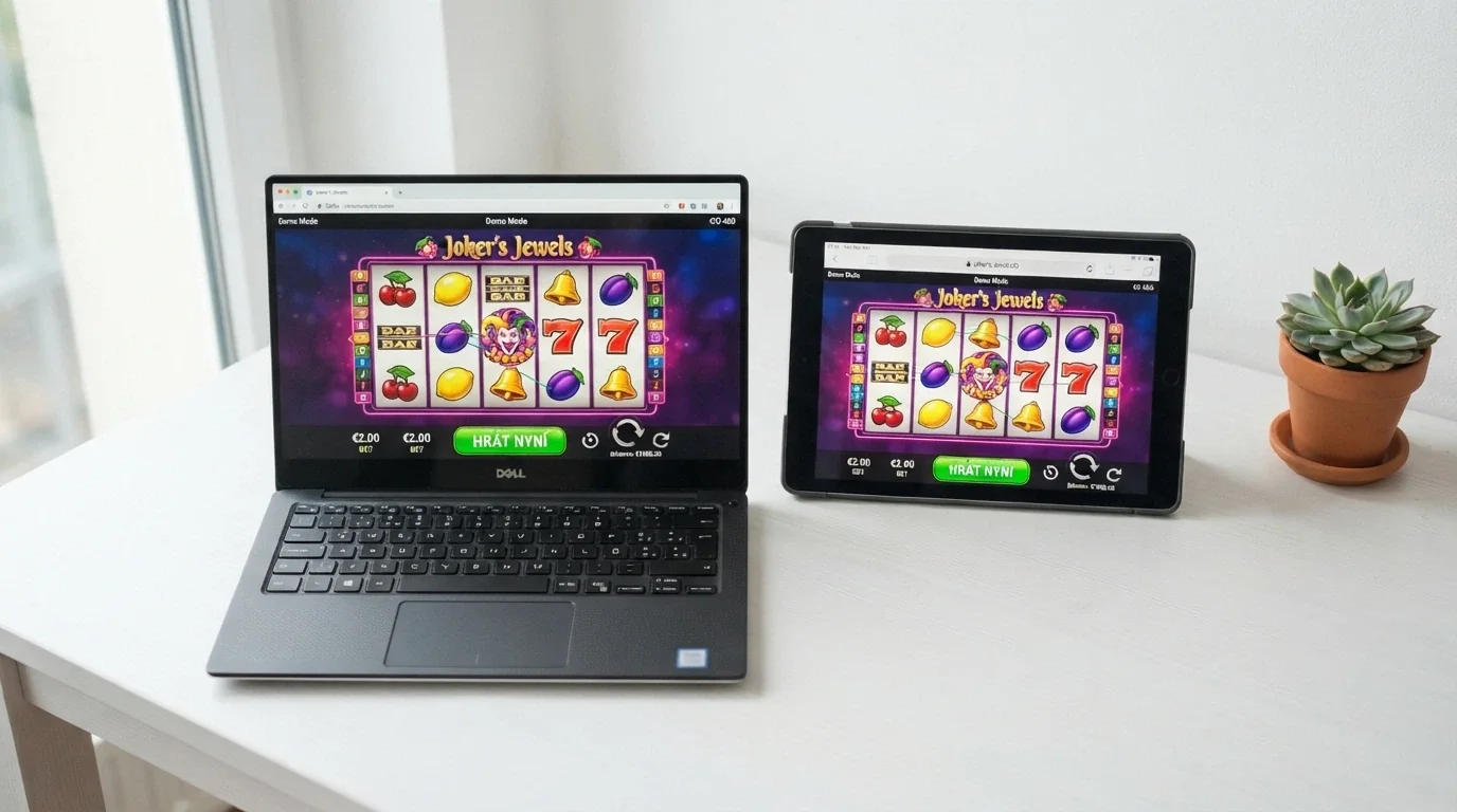 Notebook a tablet vedle sebe se stejnou slotovou hrou v demo režimu, bez přihlašovací obrazovky