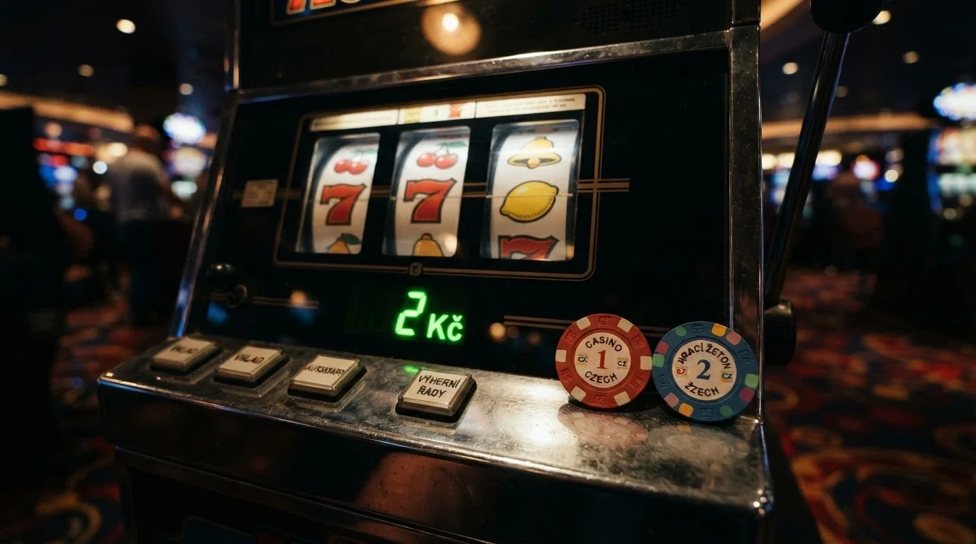 Detail hracího automatu s viditelnou hodnotou sázky 2 Kč na otočku, vedle srovnání nabídek 1 Kč a 2 Kč