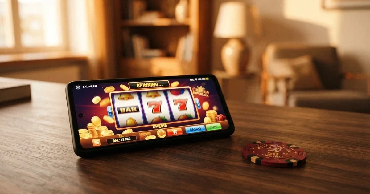 Mobilní telefon s otevřenou casino aplikací zobrazující výherní automaty zdarma, vedle něj ležící česká koruna