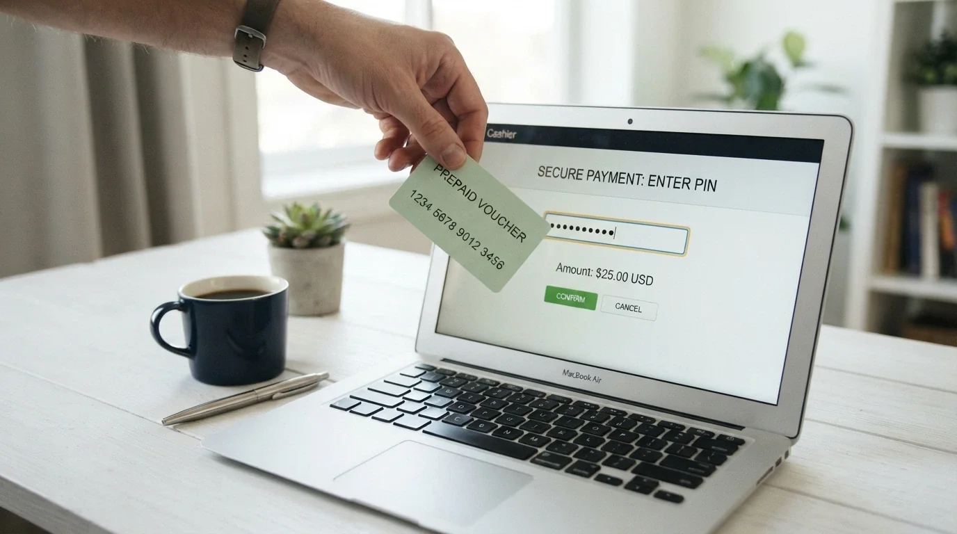 Ruka zadávající 16místný PIN kód z Paysafecard kuponu do pole pokladny online casina na obrazovce notebooku