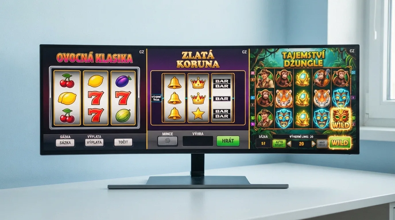 Vedle sebe tři druhy automatů na jedné obrazovce — tříválcový ovocný, klasický retro a moderní pětiválcový slot s bonusovými symboly