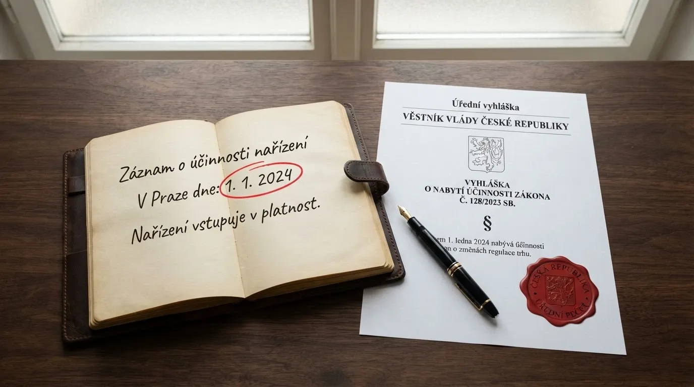 Kalendář otevřený na lednu 2024, vedle něj úřední dokument s paragrafem a razítkem Sbírky zákonů