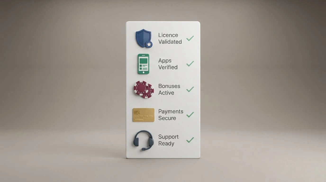 Stylizovaný kontrolní seznam s odškrtnutými položkami: licence, aplikace, bonusy, platební metody, podpora