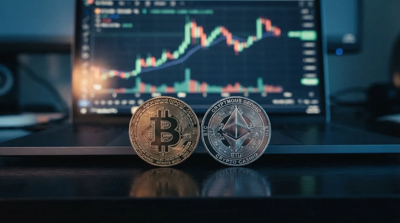 Bitcoin a Ethereum mince na displeji s grafem kurzu, vedle logo Monero
