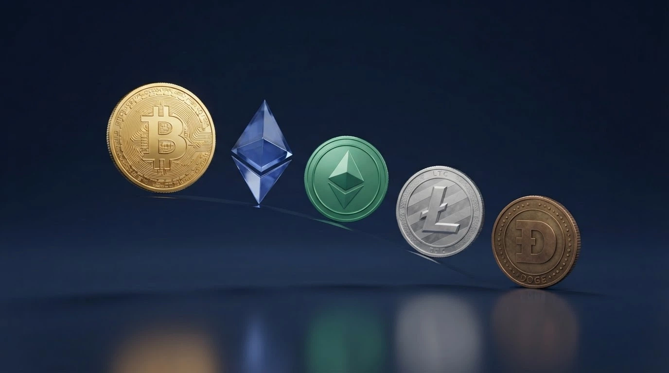 Grafické znázornění hlavních kryptoměn akceptovaných v kasinech — bitcoin, ethereum, cardano, tether a další