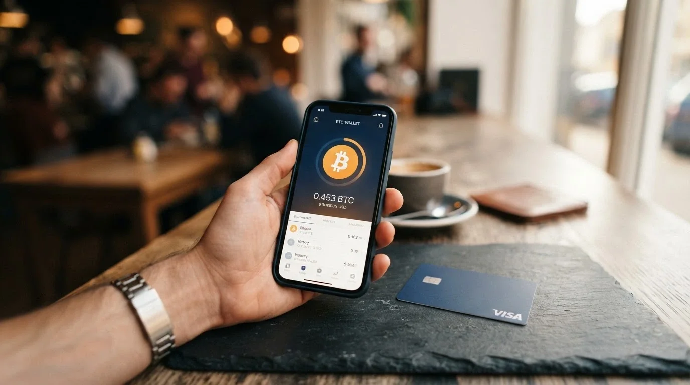 Smartphone s otevřenou krypto peněženkou, na displeji loga BTC, ETH, USDT, SOL, vedle klasická platební karta jako kontrast