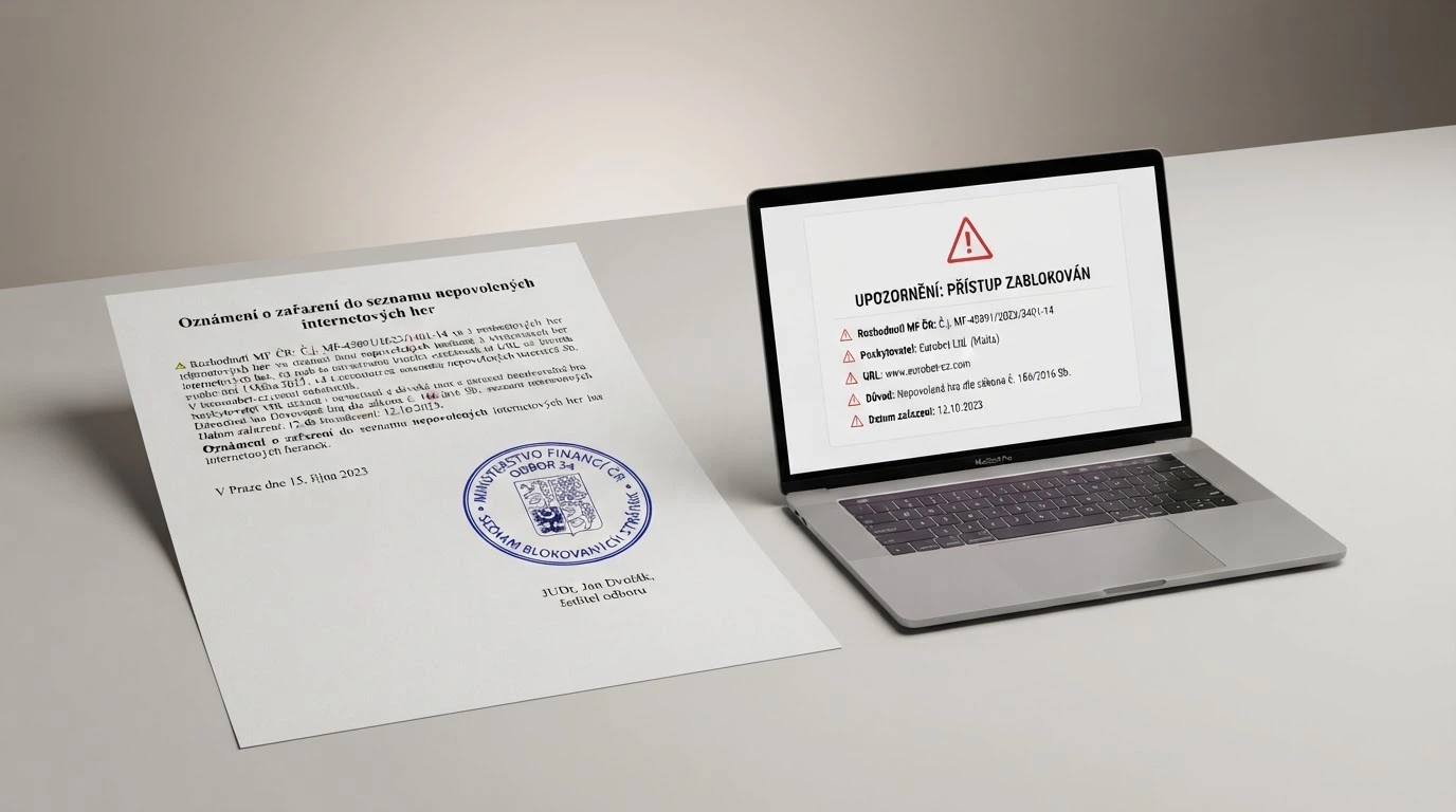 Úřední dokument s razítkem MF ČR vedle obrazovky s nápisem „Seznam nepovolených internetových her“ a varovným symbolem