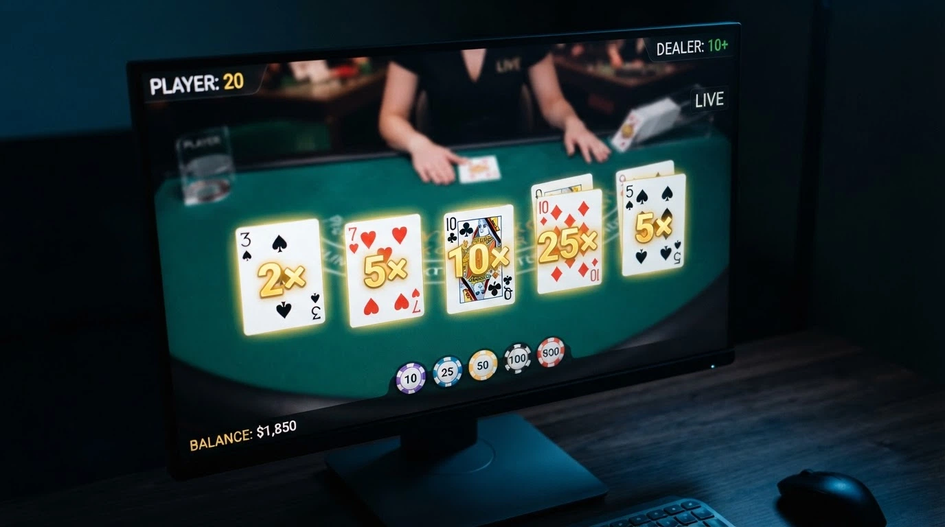 Herní rozhraní Lightning Blackjack se zvýrazněnými multiplikátory na kartách