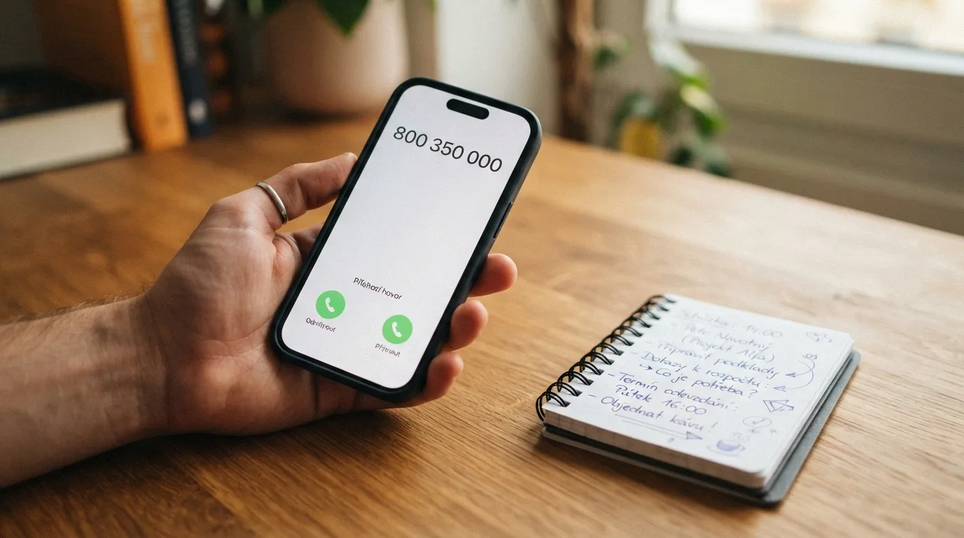 Telefon s vytočeným číslem 800 350 000 na displeji, vedle něj poznámkový blok s poznámkami