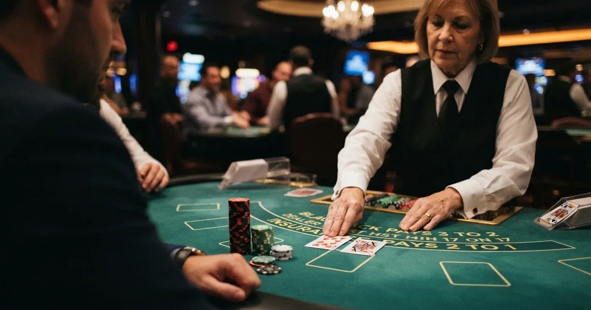 Živý krupiér u blackjackového stolu s kartami a žetony před monitorem