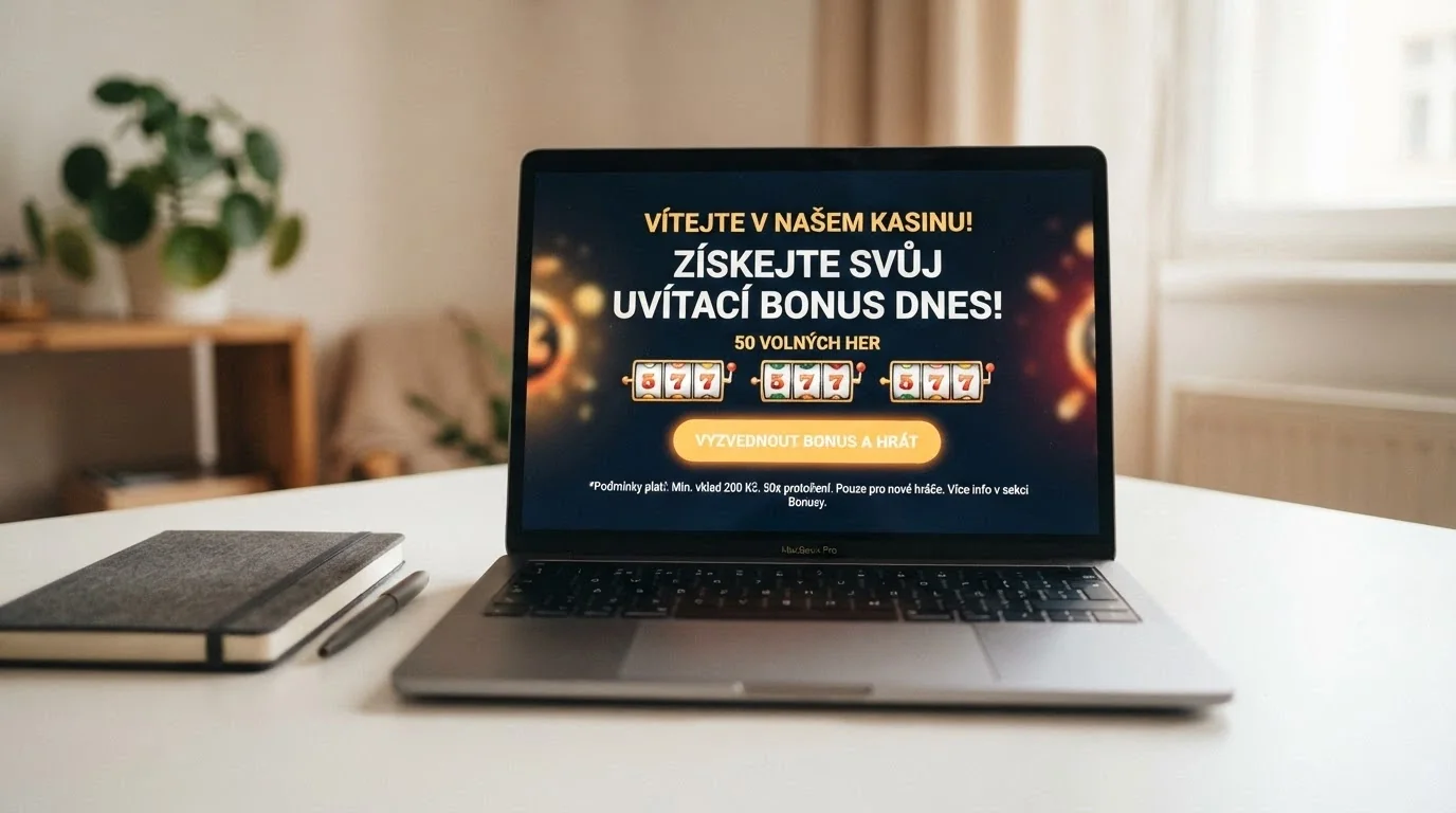 Uvítací bonusová nabídka s free spiny zobrazená na webové stránce operátora
