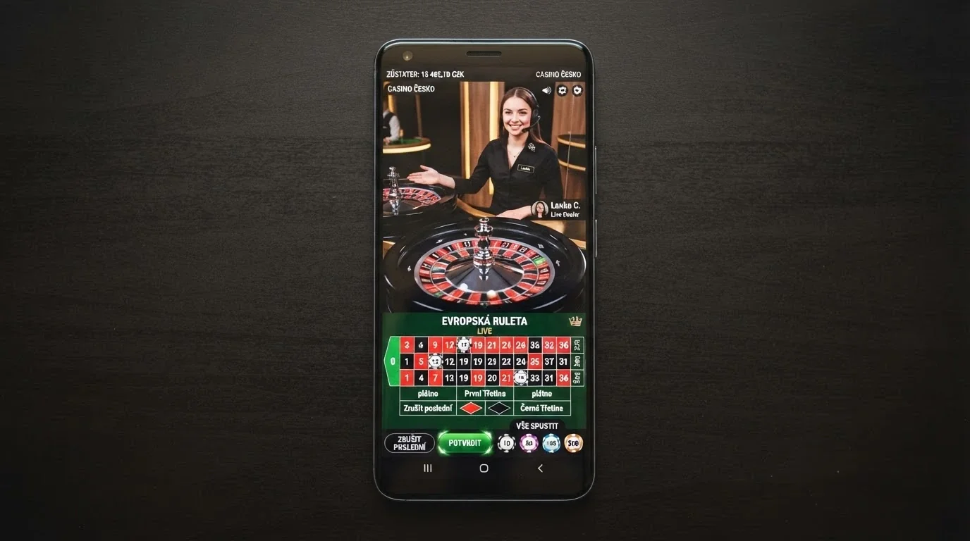 Mobilní telefon se spuštěnou live casino hrou a krupiérem na displeji