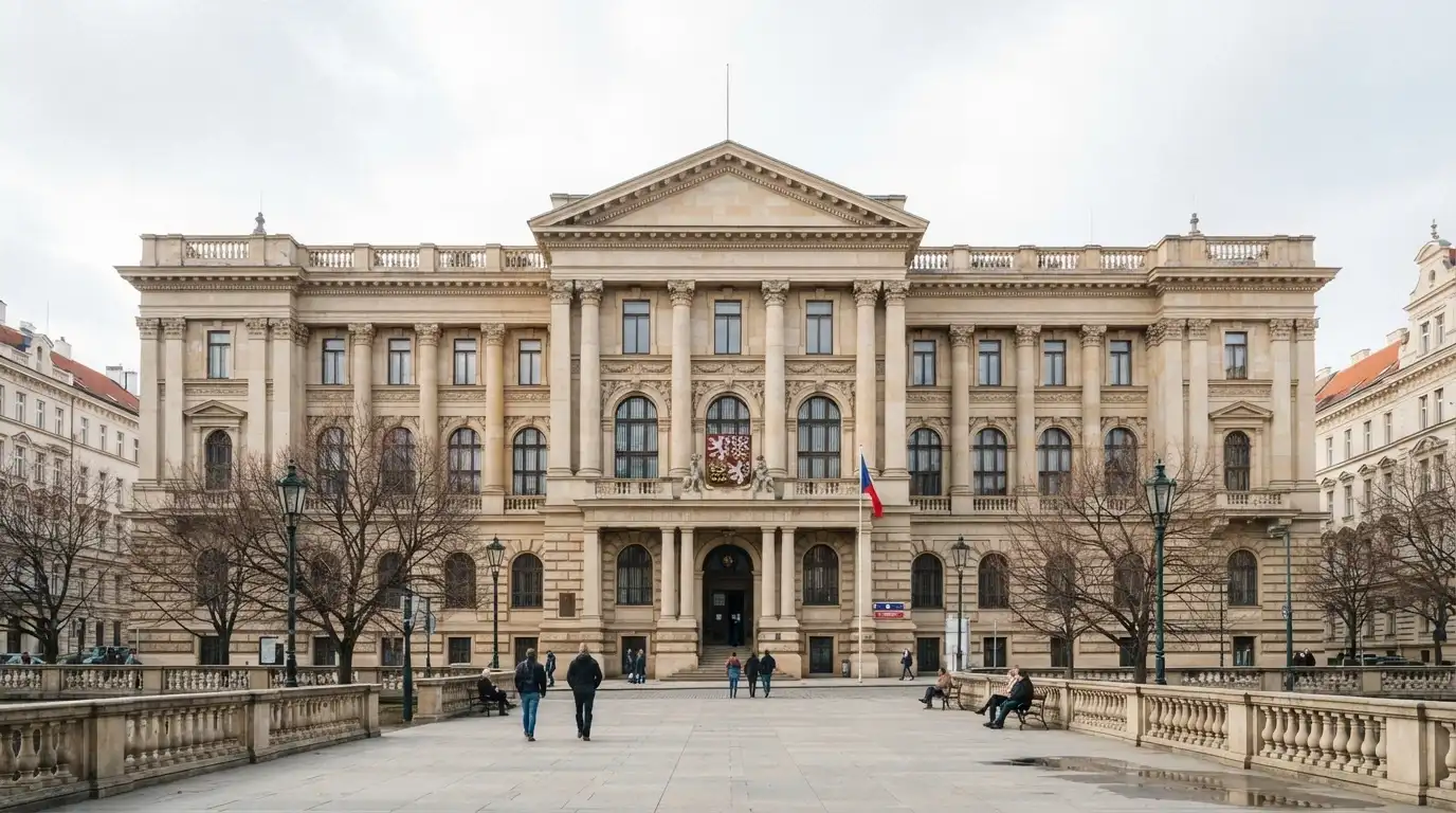 Budova Ministerstva financí ČR v Praze, v popředí symboly regulace a kontroly