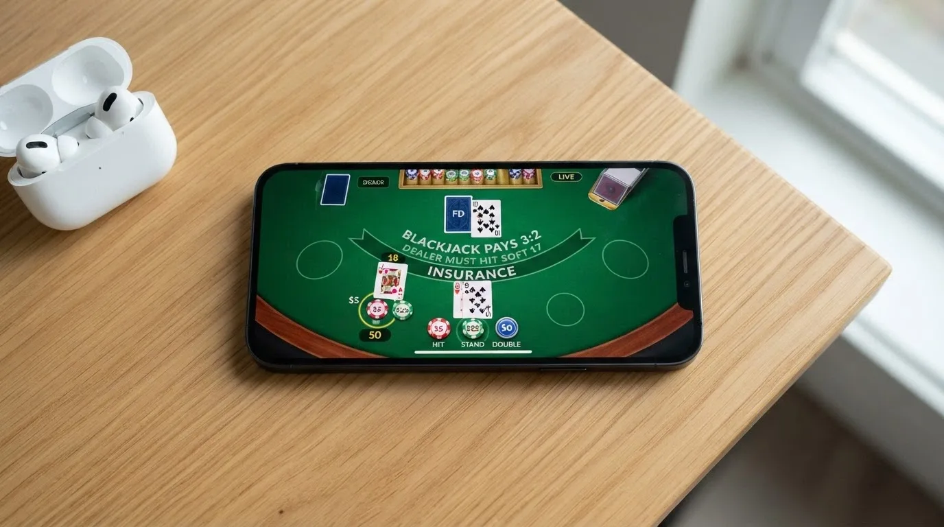 Smartphone s otevřenou live blackjack hrou v mobilním prohlížeči na šířku