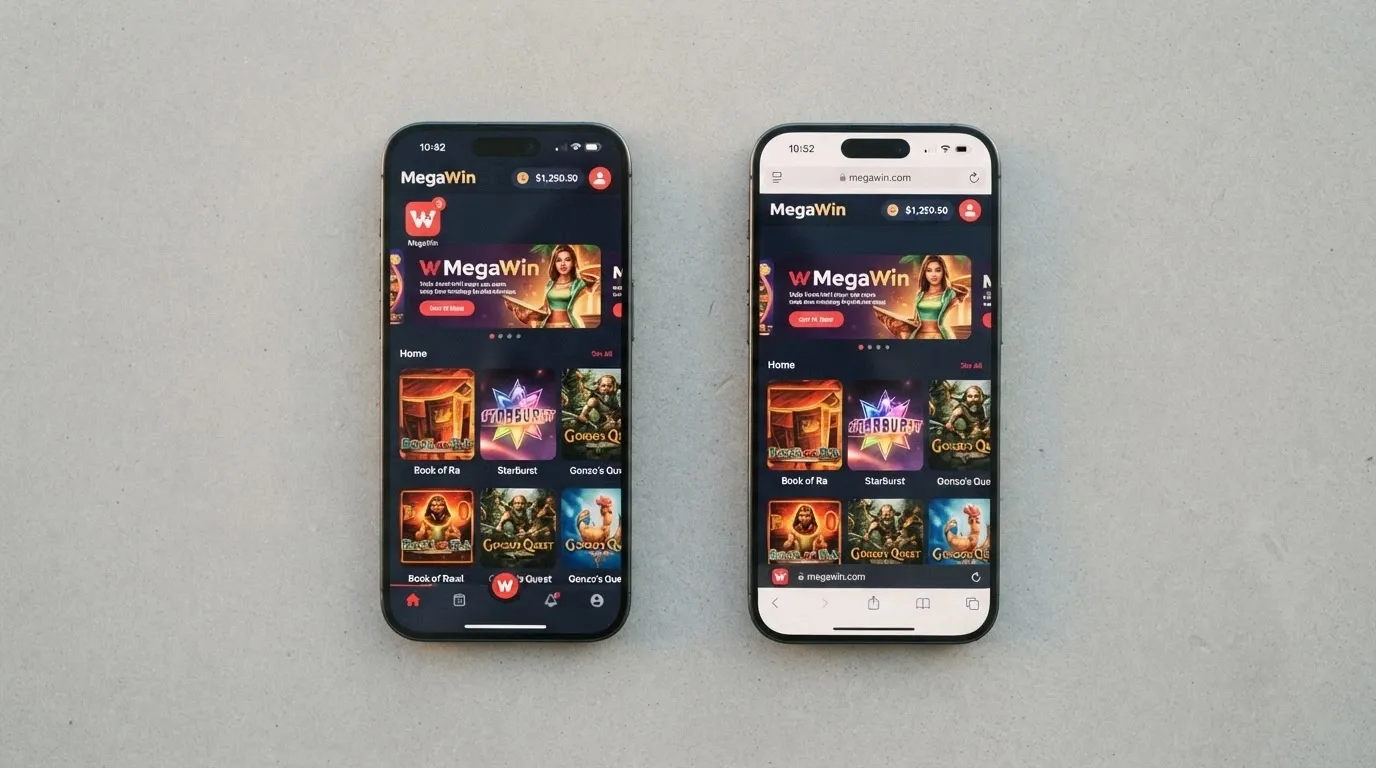 Rozdělená obrazovka – vlevo casino aplikace s notifikací, vpravo stejné casino v prohlížeči