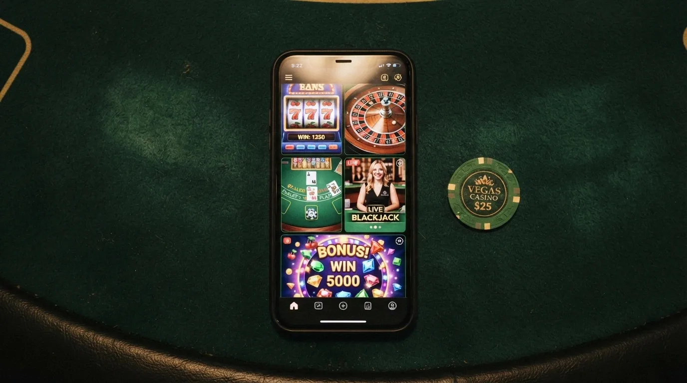 Koláž pěti mobilních herních obrazovek – automat, ruleta, blackjack, živý krupiér a bonusové kolo