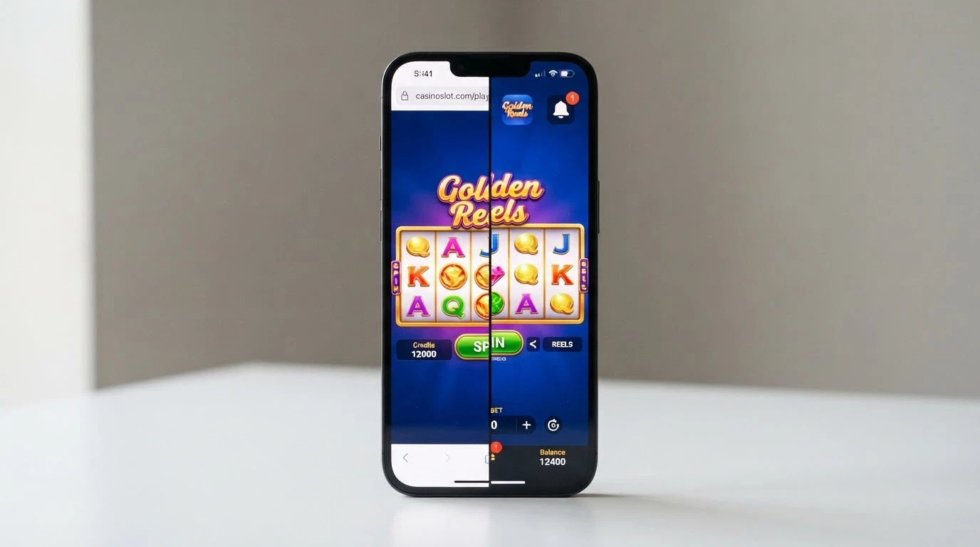 Rozdělená obrazovka telefonu: vlevo casino v prohlížeči, vpravo nativní aplikace se stejnou hrou