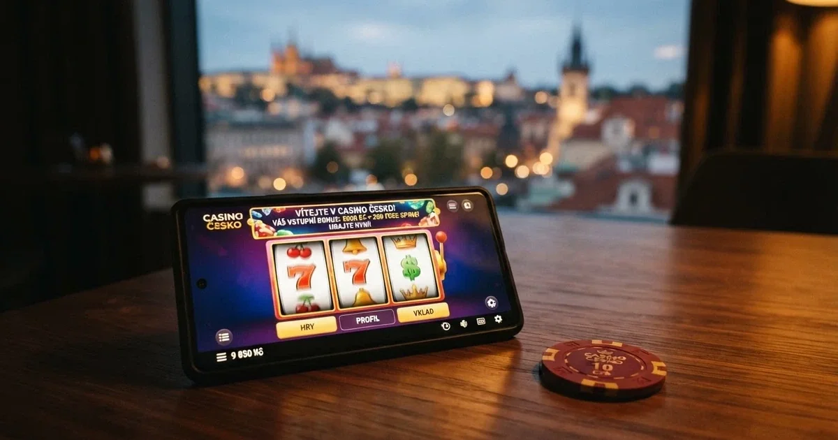 Mobilní telefon s otevřenou casino aplikací, na displeji viditelné automaty a uvítací nabídka, v pozadí naznačené české prostředí