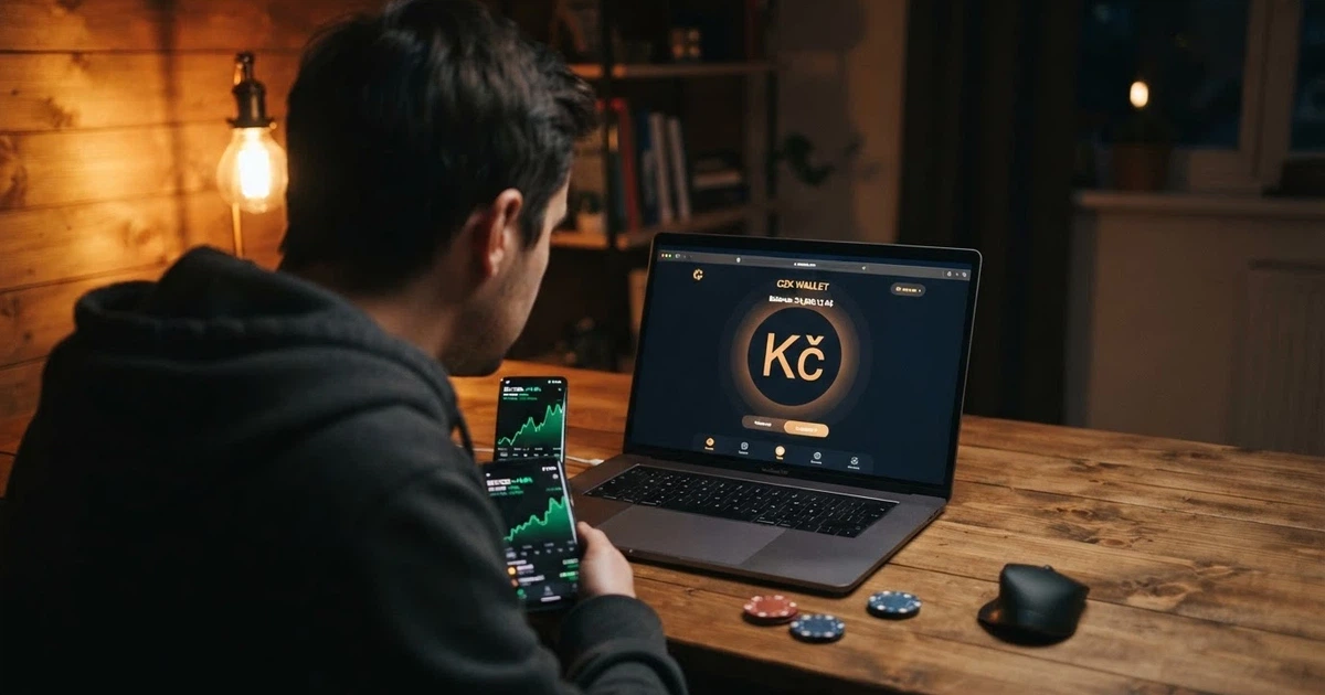 Hráč u notebooku s krypto peněženkou na displeji a logy kryptoměn na pozadí