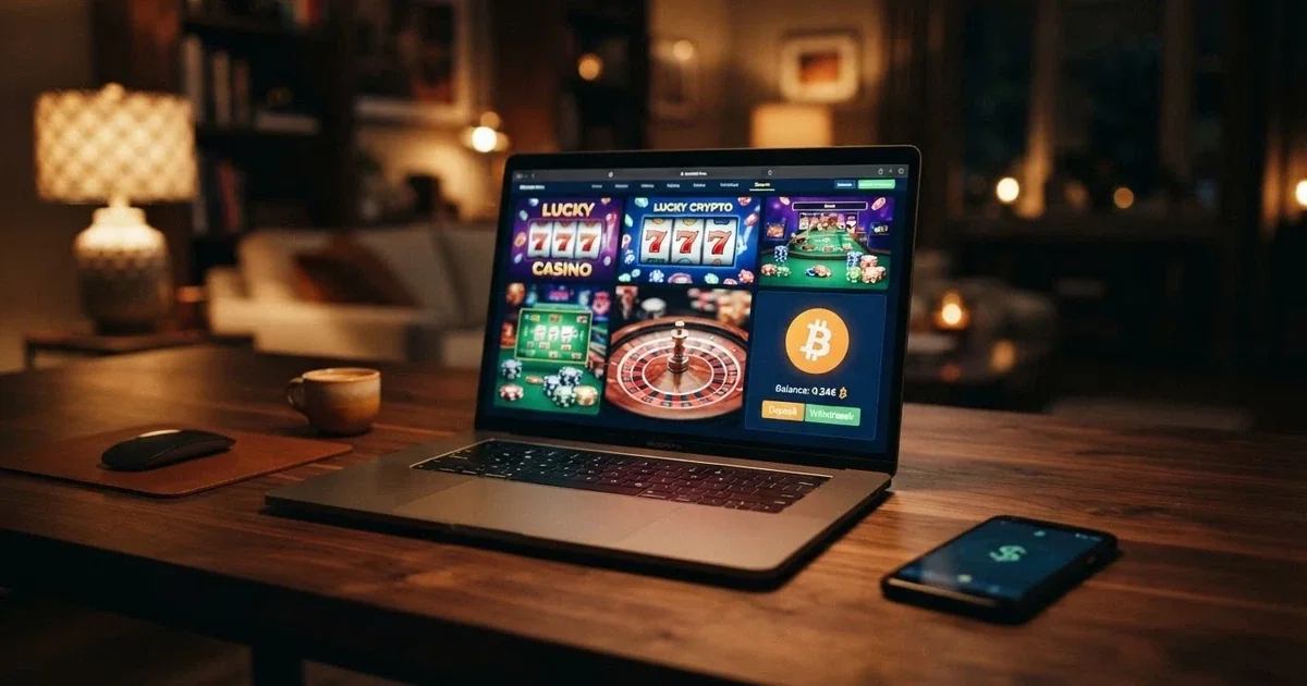 Rozhraní krypto kasina s bitcoinovou peněženkou, rulety a automaty na obrazovce notebooku, v pozadí blockchain vizualizace