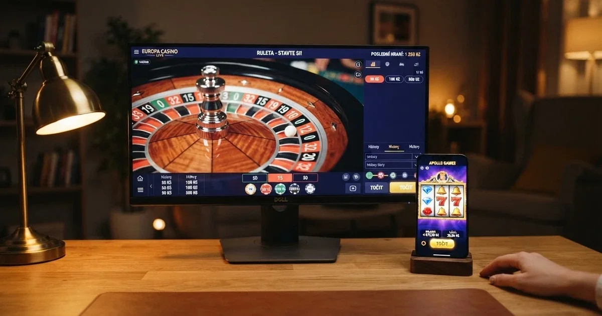 Displej počítače a mobilu vedle sebe s načteným českým online casinem — ruleta a automat připravené ke hře, v pozadí logo Ministerstva financí ČR