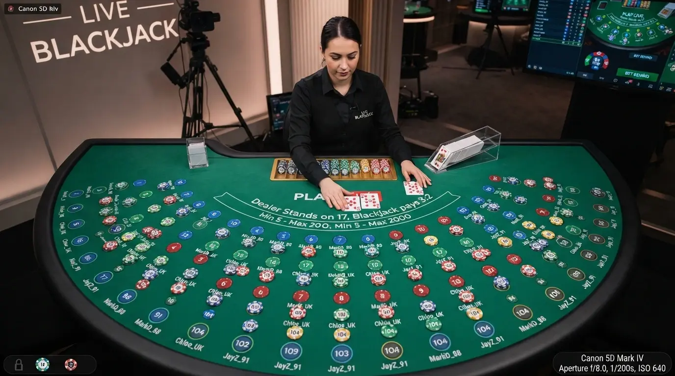 Virtuální stůl Infinite Blackjack s neomezeným počtem sázkových pozic a živým krupiérem