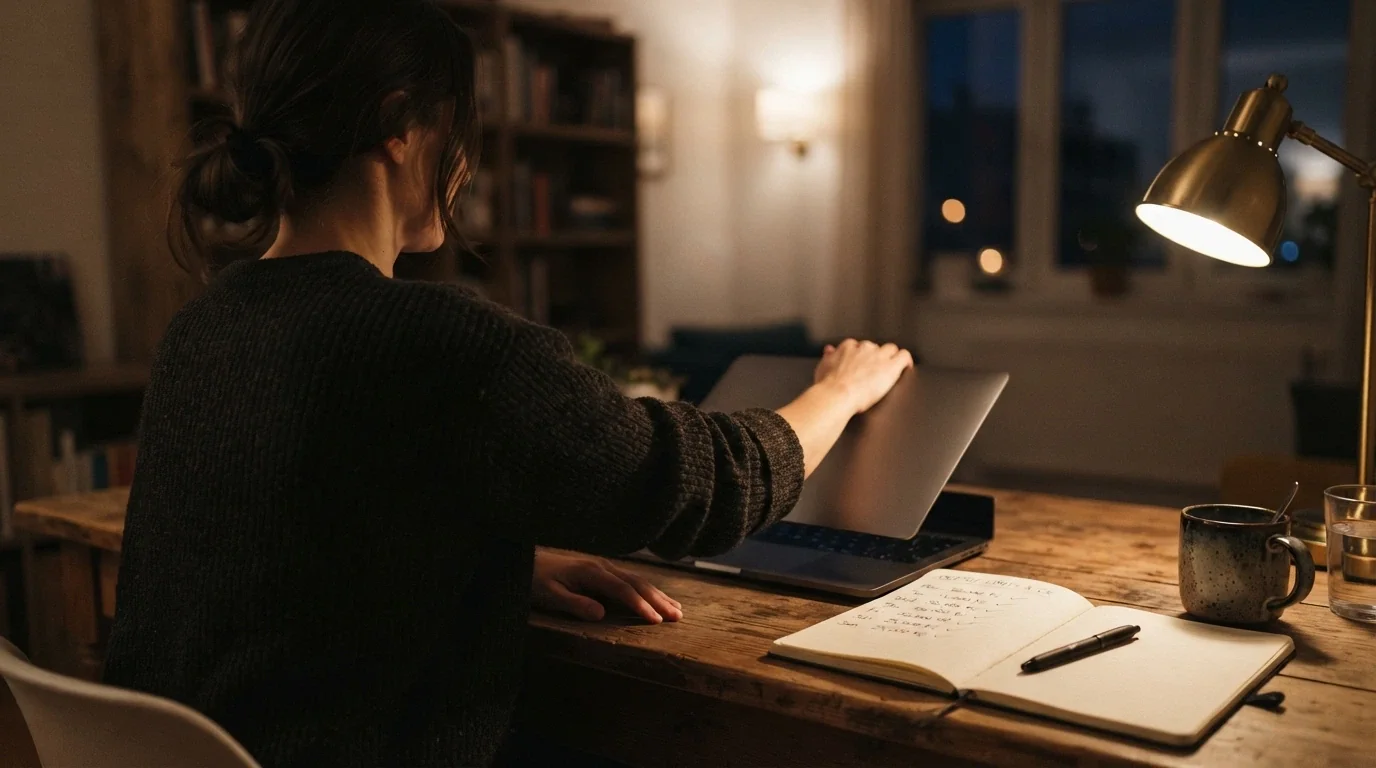 Spokojený hráč zavírající notebook s úsměvem, na stole vidět nastavené limity vkladu v kasinu