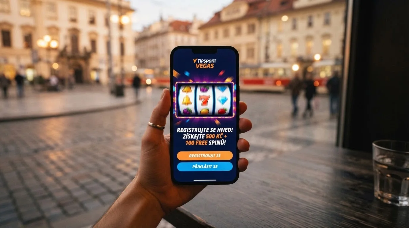 Dlaň držící mobil s nápisem „registrace zdarma“, na displeji roztočené válce automatu