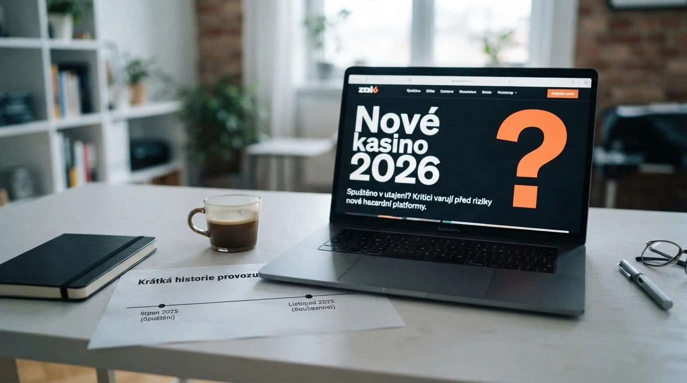 Displej s nápisem „Nové kasino 2026“ a otazníkem, vedle časová osa ukazující krátkou historii provozovatele
