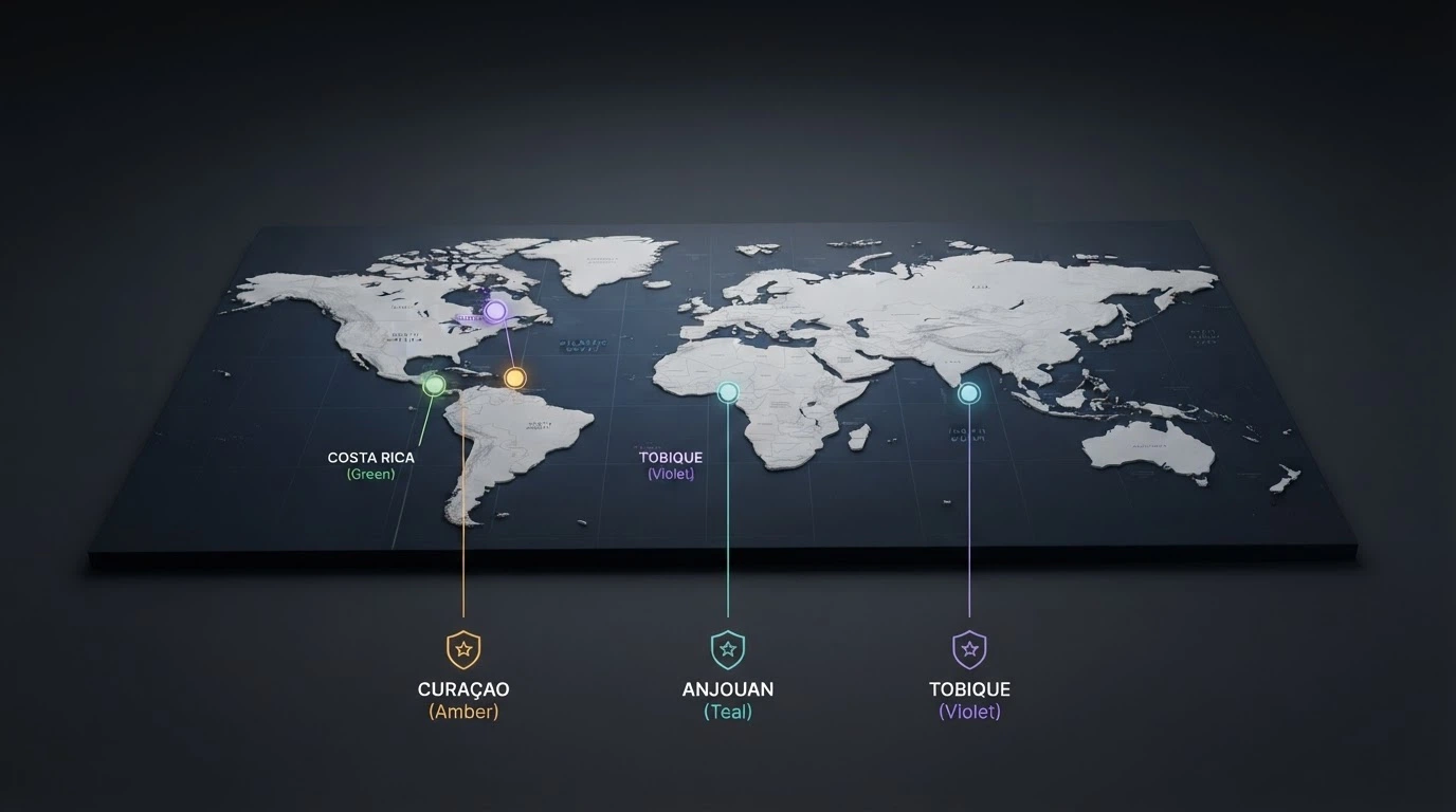 Mapa offshore licencí bitcoin casin — Curaçao, Anjouan, Kostarika, Tobique