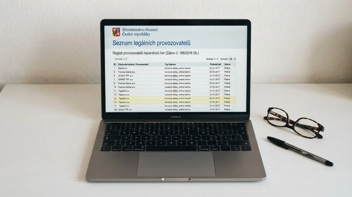Detail obrazovky s oficiálním Seznamem legálních provozovatelů na webu Ministerstva financí ČR, zvýrazněné logo MFČR