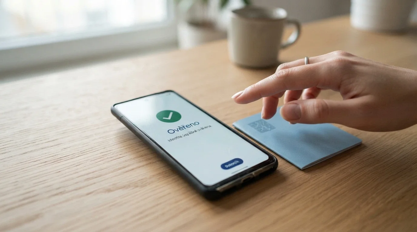 Mobilní telefon s otevřenou aplikací BankID, vedle něj leží občanský průkaz