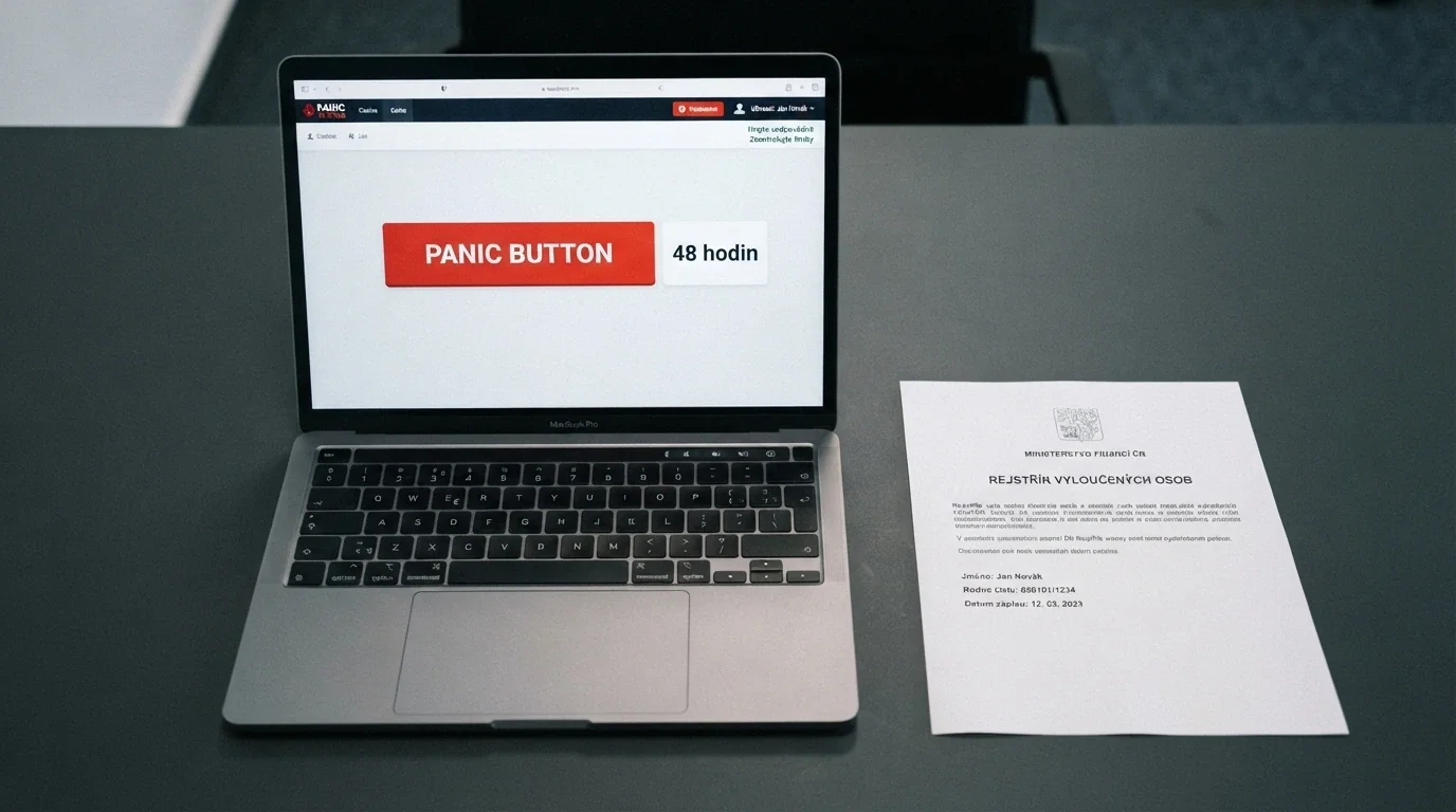 Tlačítko s nápisem Panic Button na herním rozhraní casina a vedle něj symbol registru s piktogramem vyloučení