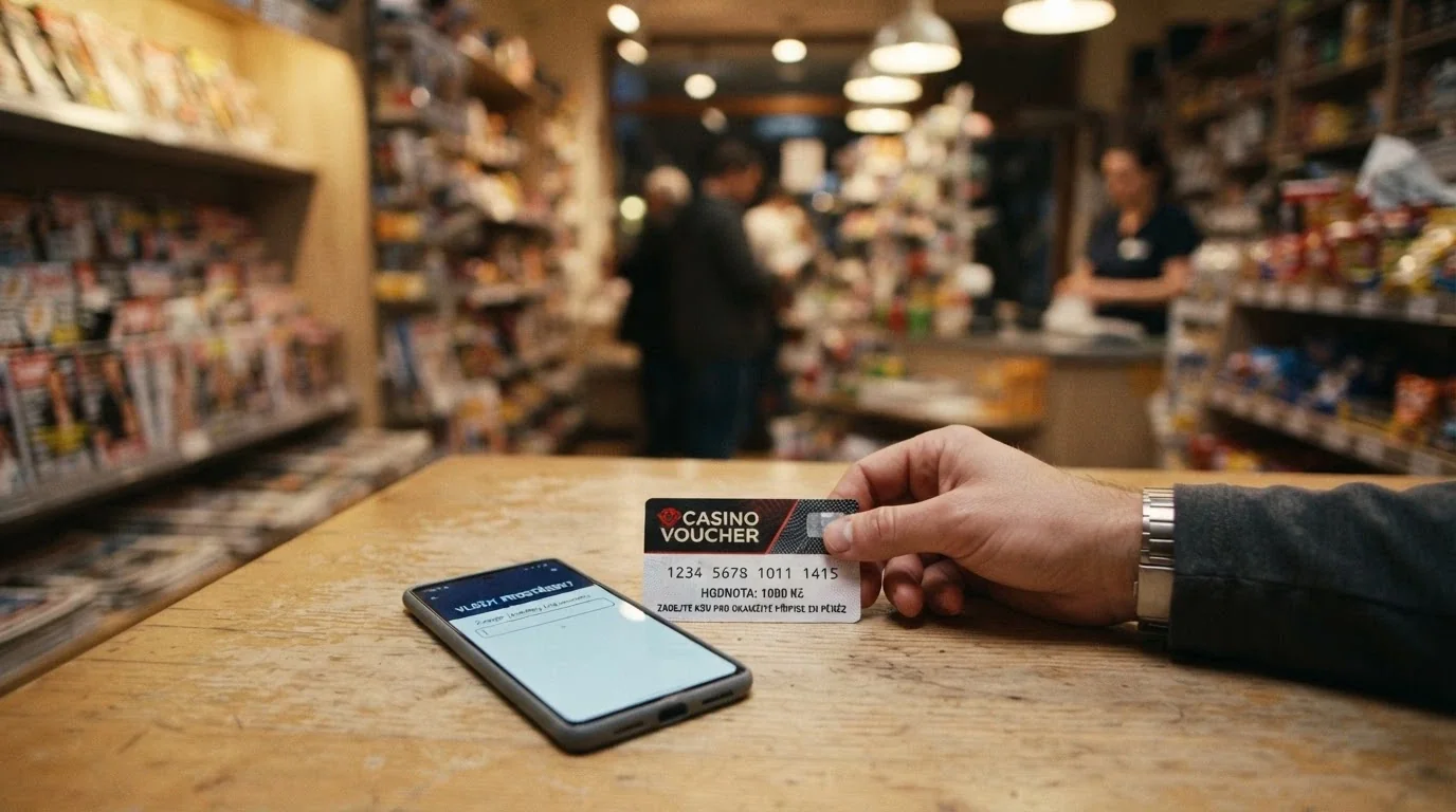 Paysafecard voucher s 16místným kódem položený vedle displeje s přihlášením do online kasina