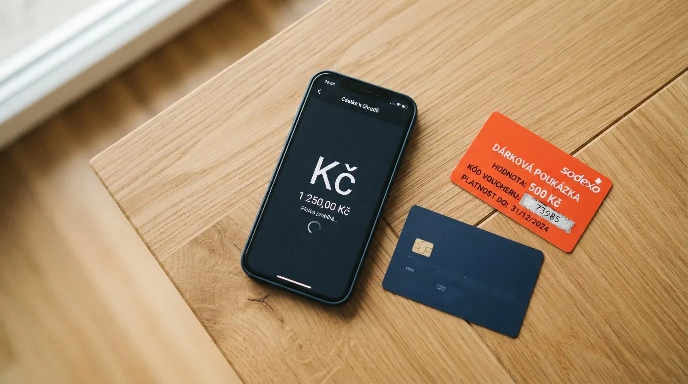 Mobil s obrazovkou NeteraPay vedle platební karty a Paysafecard poukázky na stole
