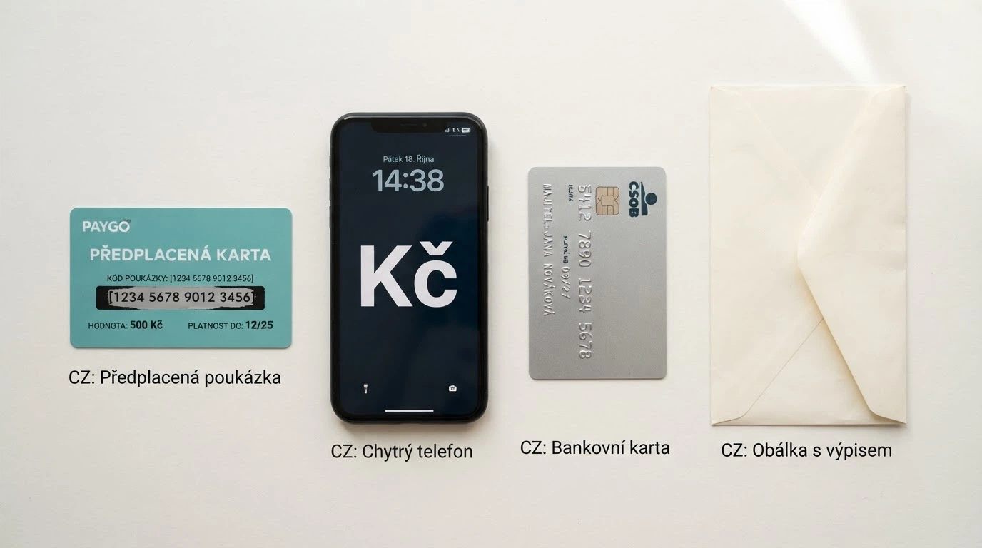 Paysafecard voucher, mobilní telefon s platební aplikací, platební karta a ikona bankovního převodu — čtyři způsoby vkladu vedle sebe na světlém pozadí